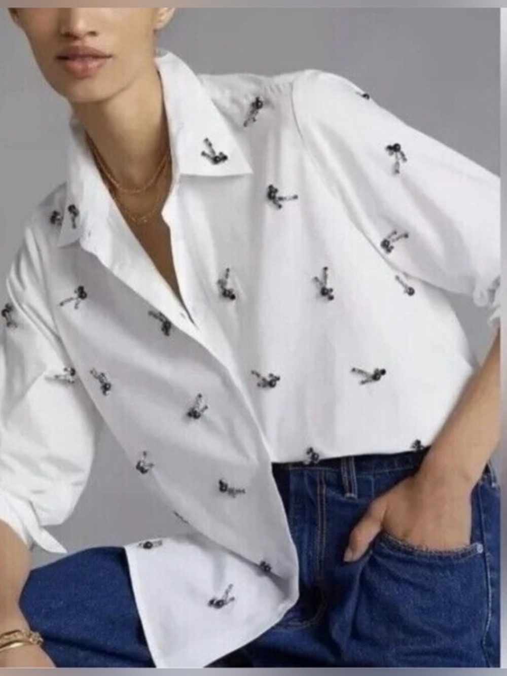 Dhruv Kapoor White Embellished Blouse Top Beaded Clusters *FLAWED* GUC XS 2656